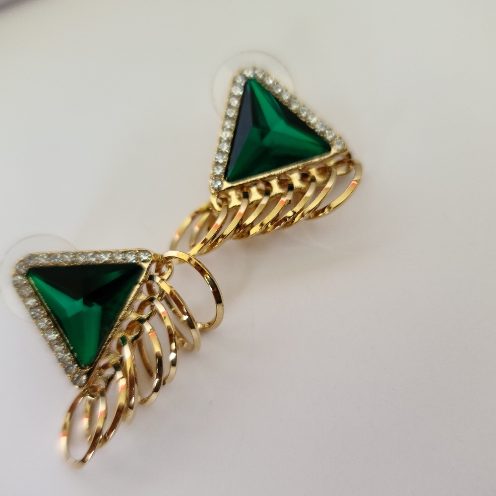 Green and gold triangle earrings